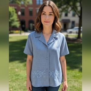Vintage Tradition Petite Short Sleeve Button Down Embroidered Blue Blouse Sz 12P